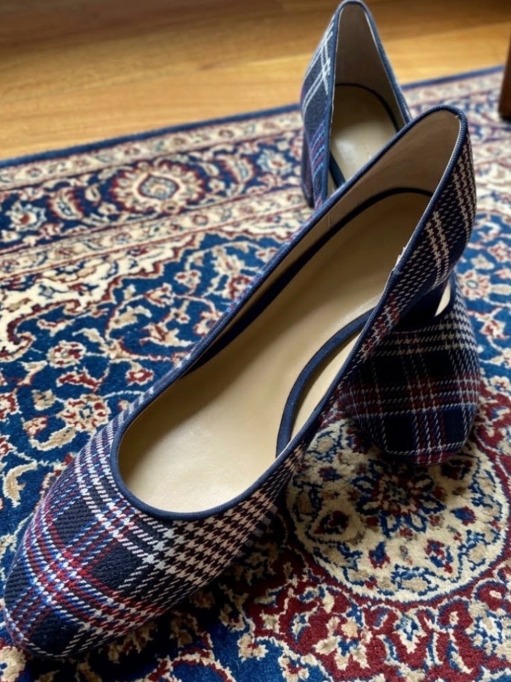Ann Taylor Plaid Block Heel Pumps in Navy and Red